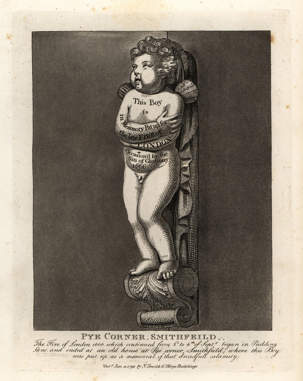 Egy fiú emlékműve a Smithfield állambeli Pye Corneren, az 1666-os londoni tűz emlékére a közeli Pudding Lane-en alkotó: John Thomas Smith