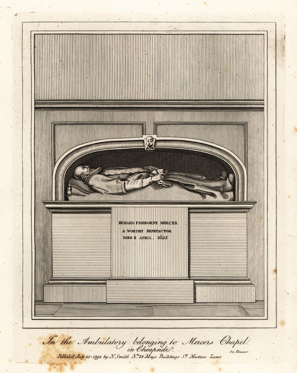 Az 1625-ben elhunyt Richard Fishbourne Mercer emlékműve a Mercers-kápolna ambulanciájában, Cheapside-ban alkotó: John Thomas Smith