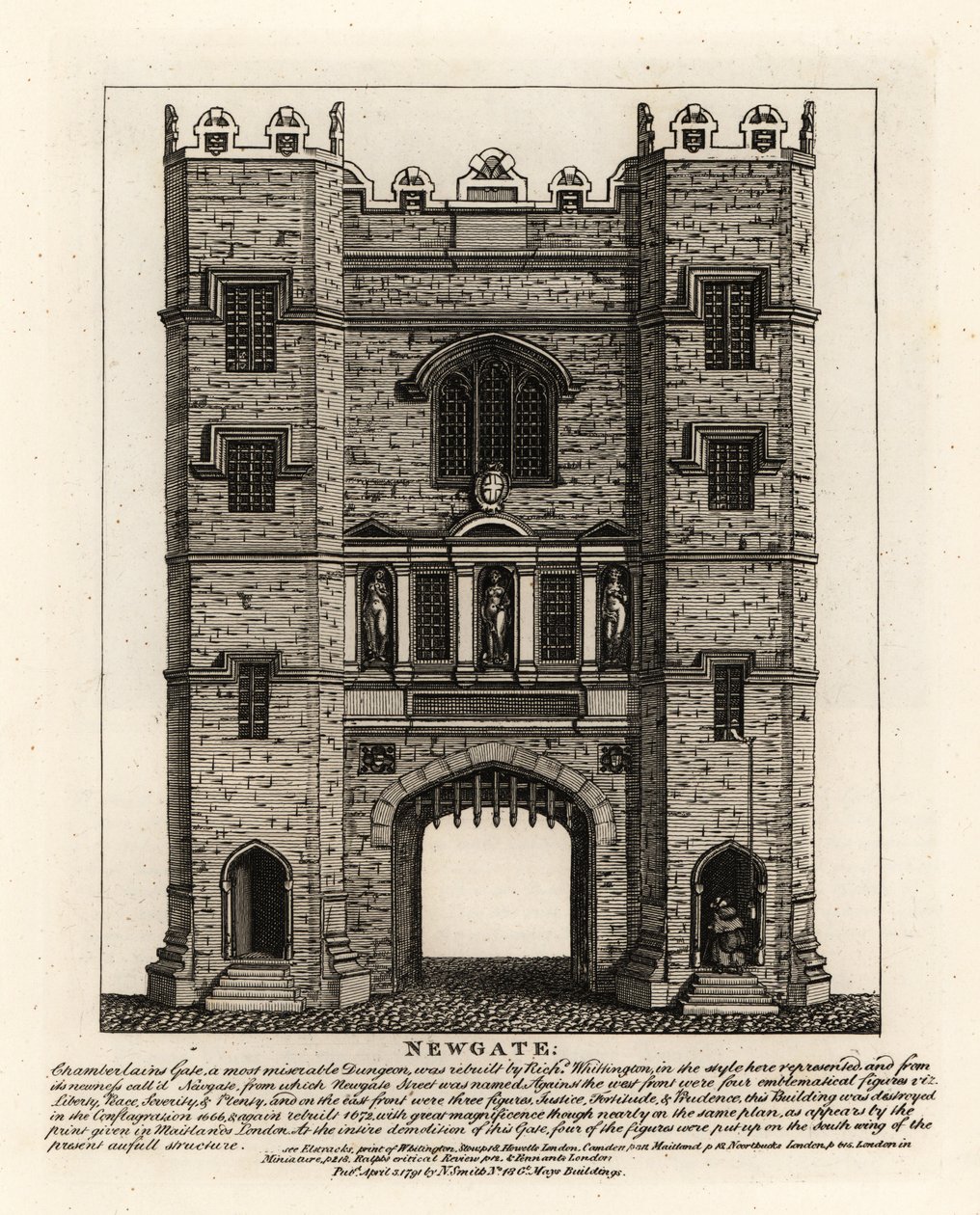 Newgate, 1672-ben a londoni tűzvész után újjáépített, három figurával: Igazságosság, Erősség és Megfontoltság az egykori kapuból, amelyet Richard Wittington londoni polgármester épített. alkotó: John Thomas Smith