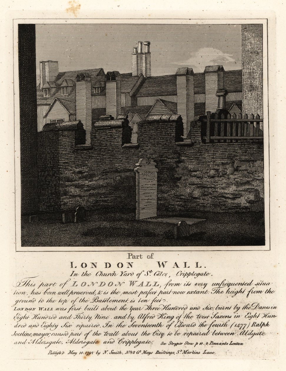 Az ősi londoni fal része a St Giles templomkertben, Cripplegate, London alkotó: John Thomas Smith
