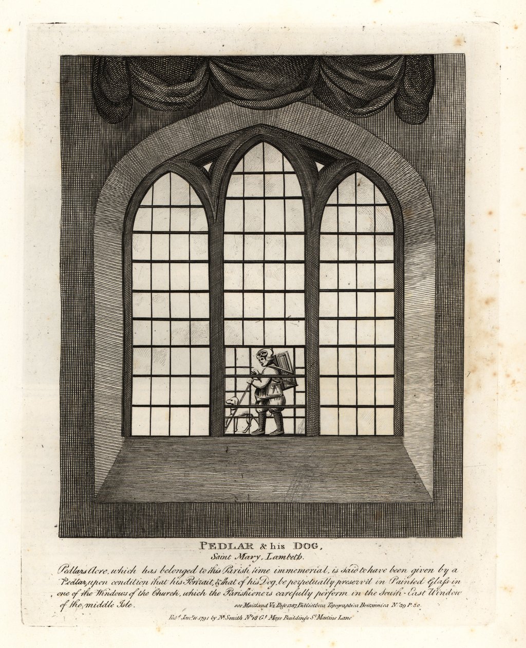 Pedlar és kutyája a Saint Mary-at-Lambeth-i templom ólomüveg ablakában alkotó: John Thomas Smith