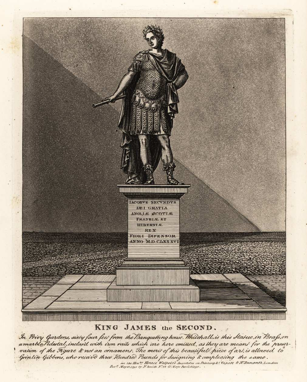 II. Jakab angol király szobra római császár jelmezében, Jacobus Seundus, Grinlin Gibbons tervei a Privy Gardensben alkotó: John Thomas Smith