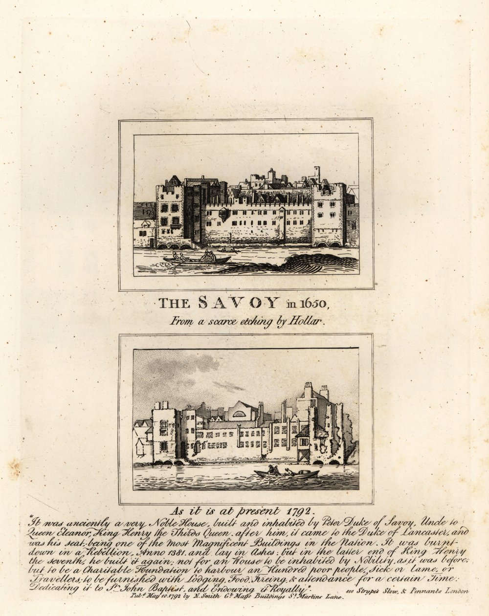 A Savoyai Kórház 1650-ben Hollar Vencel nyomatából és 1792-ben romokban alkotó: John Thomas Smith