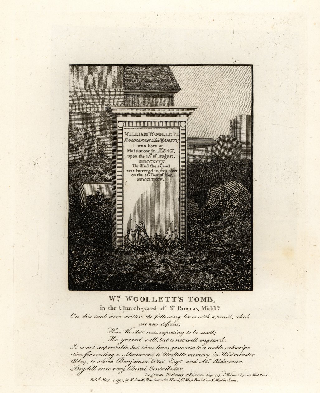 William Woollett királyi metsző 1735-ben elhunyt sírja a Middlesex állambeli St Pancras templomkertjében alkotó: John Thomas Smith