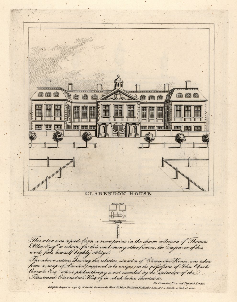 Kilátás a Clarendon-házra a St James’ Street felől, Thmoas Allen gyűjteményében található ritka nyomatról alkotó: John Thomas Smith
