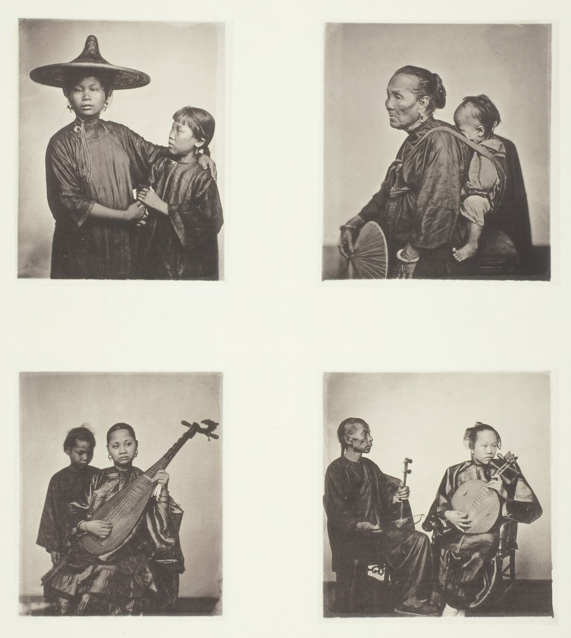 Boat Girls, Egy kantoni csónakosnő és gyermek, Zenészek, zenészek, c. 1868. alkotó: John Thomson