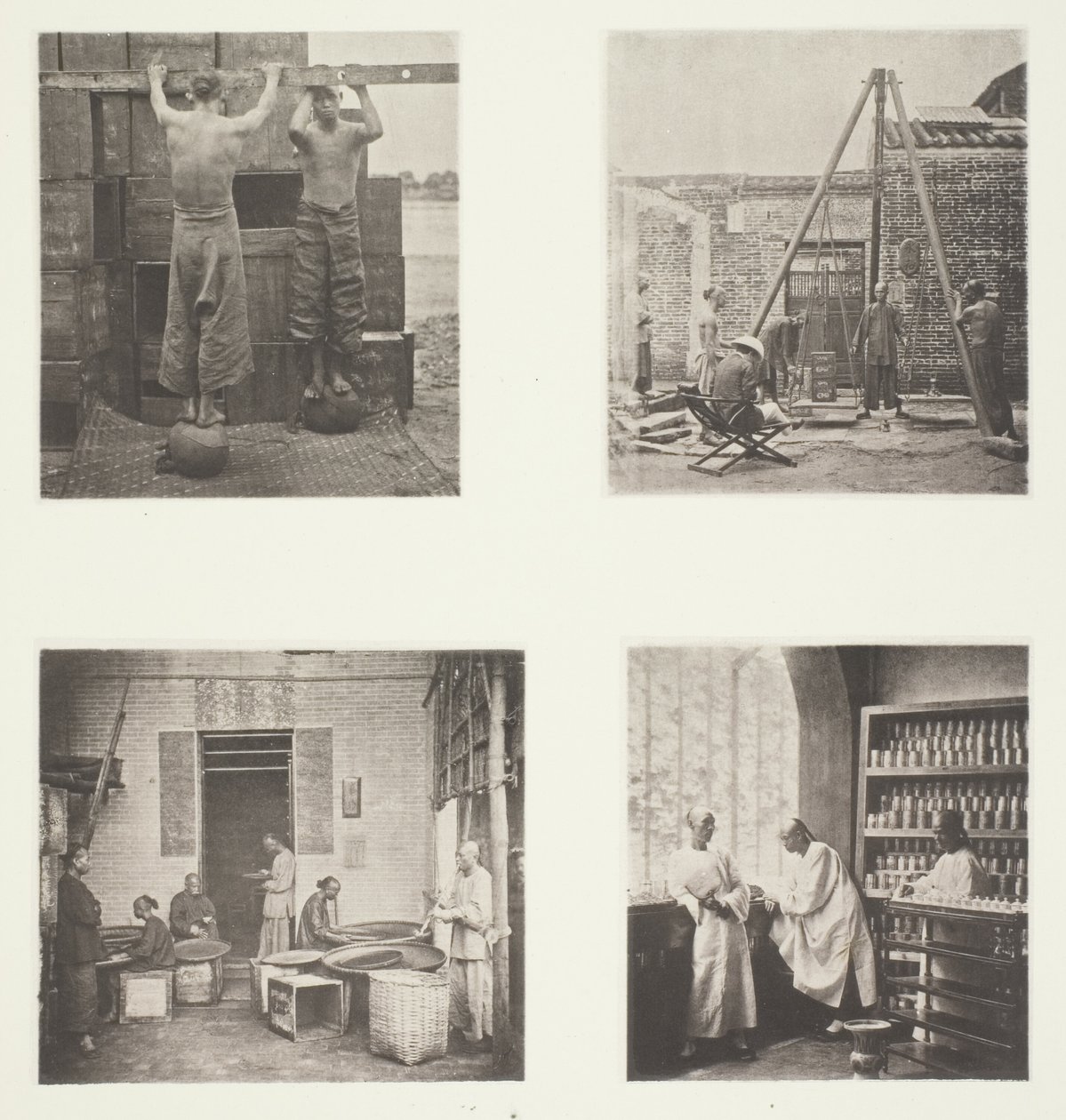 Illatos kapor és puskapor teák sodrása; Tea mérlegelése exportra; Egy teaház, Kanton; Egy teakóstoló terem, Kanton alkotó: John Thomson