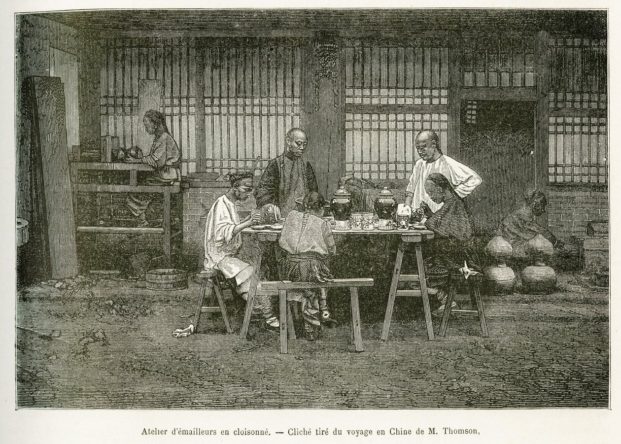 Egy pekini kloisonne műhely iparosai. Metszet M. Thomson fényképe után a pekini és észak-kínai utazás illusztrálására, T. Chutze 1873-ban, megjelent a „” Le tour du monde” 1876-ban, szerkesztette: Edouard Charton, kiadás: Hachette, Pa. alkotó: John Thomson