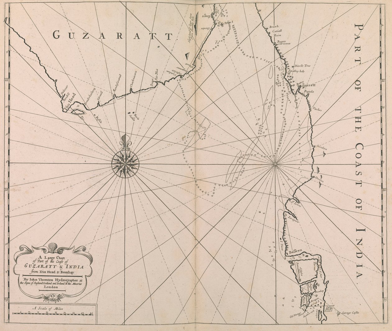 A GUZARATT  INDIA partjainak egy részének nagyméretű térképe Diu fejétől Bombayig. (nyomtatás) alkotó: John Thornton