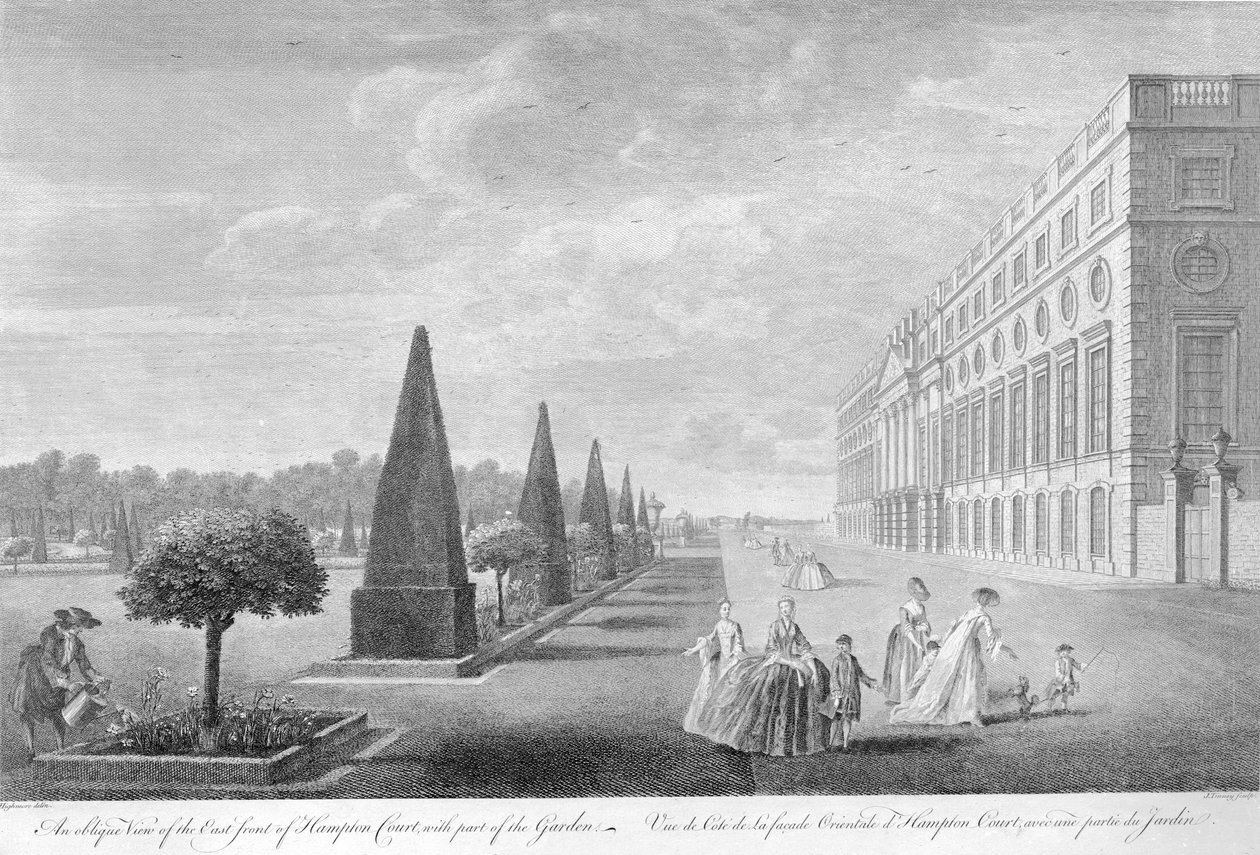 Ferde nézet Hampton Court keleti frontjáról a kert egy részével, 1744 körül alkotó: John Tinney