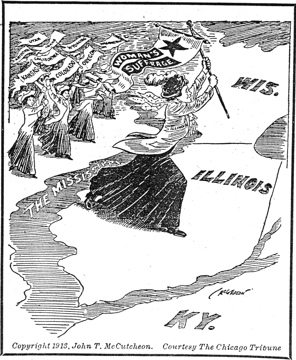 Átkelés Illinoisba, szerkesztői karikatúra alkotó: John Tinney McCutcheon