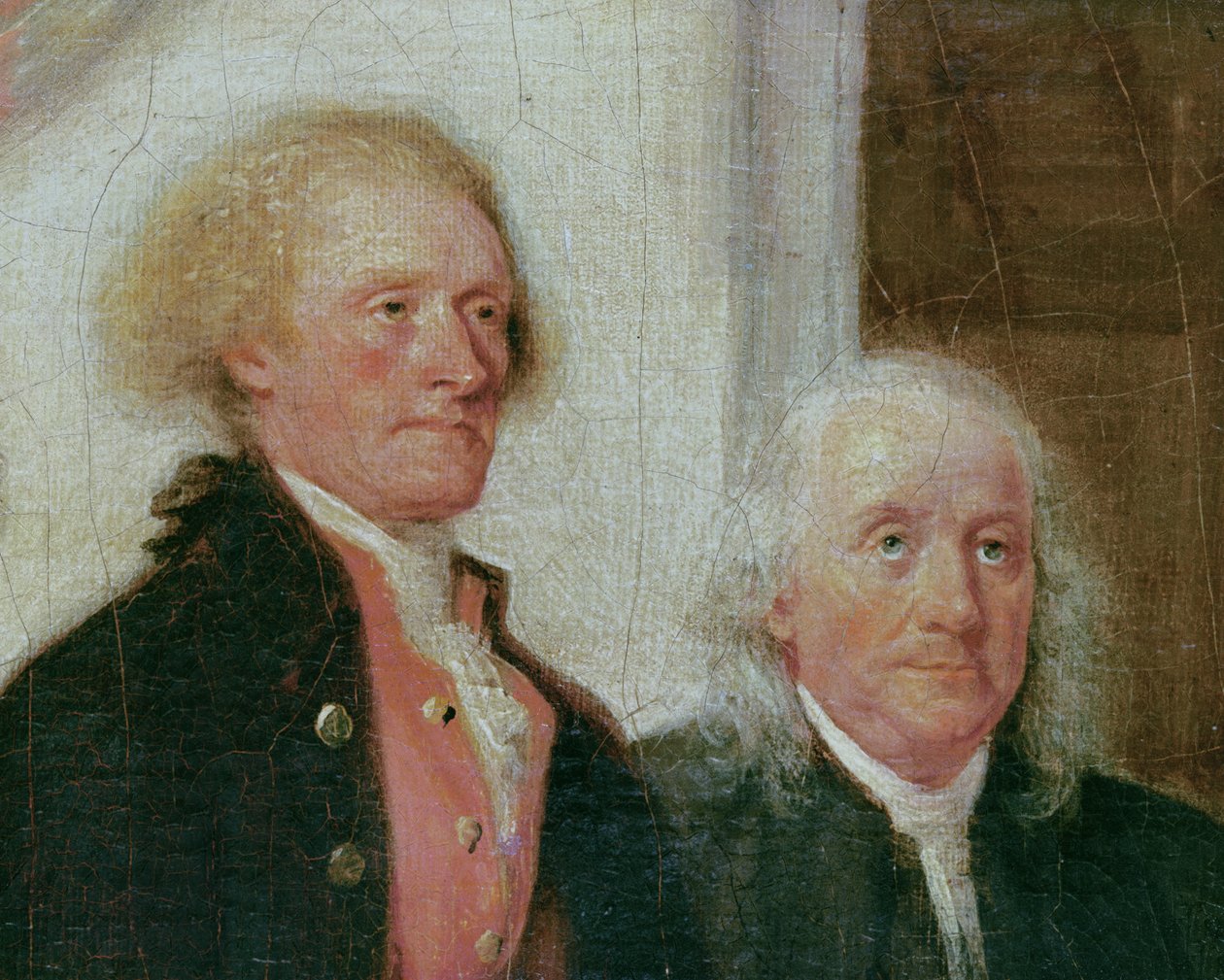 A Függetlenségi Nyilatkozat megfogalmazása, 1776. június 28., Thomas Jefferson (1743-1826) és Benjamin Franklin (1706-90) részlete 1817 körül (702745 részlet) alkotó: John Trumbull