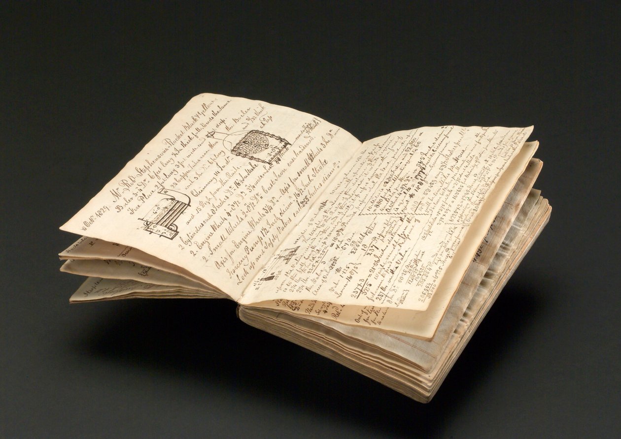John Urpeth Rastrick jegyzetfüzete, amely az 1829-es Rainhill mozdonykísérletek részleteinek rögzítésére szolgál (toll és tinta papíron) alkotó: John Urpeth Rastrick