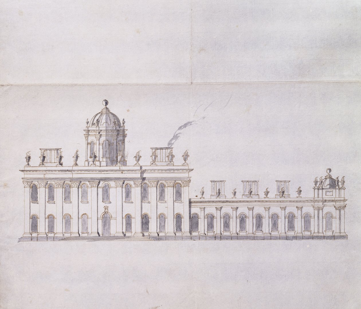 Castle Howard, Yorkshire: Egy sematikus ceruzavázlat, amely bemutatja az előtér szárnyainak fejlődését, 1699 körül (toll és barna tinta és szürke mosás) alkotó: John Vanbrugh