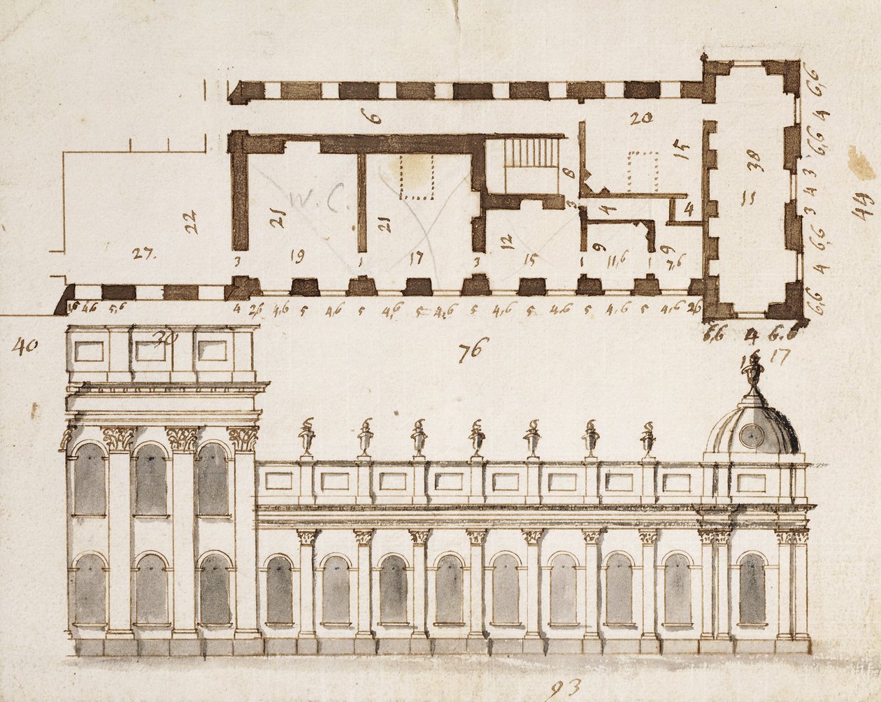 Castle Howard, Yorkshire: Korai tervezés a déli vagy a kerti front három öblére és kilenc öböl egyszintes alsó oldalszárnyára alaprajzi betéttel, 1699 körül (toll) alkotó: John Vanbrugh