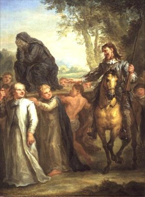 Don Quijote összetéveszti a körmenetben hordozott Szűz Mária szobrot, mint akarata ellenére elvitt nőt, Cervantes „Don Quijote”-járól (panel) alkotó: John Vanderbanck