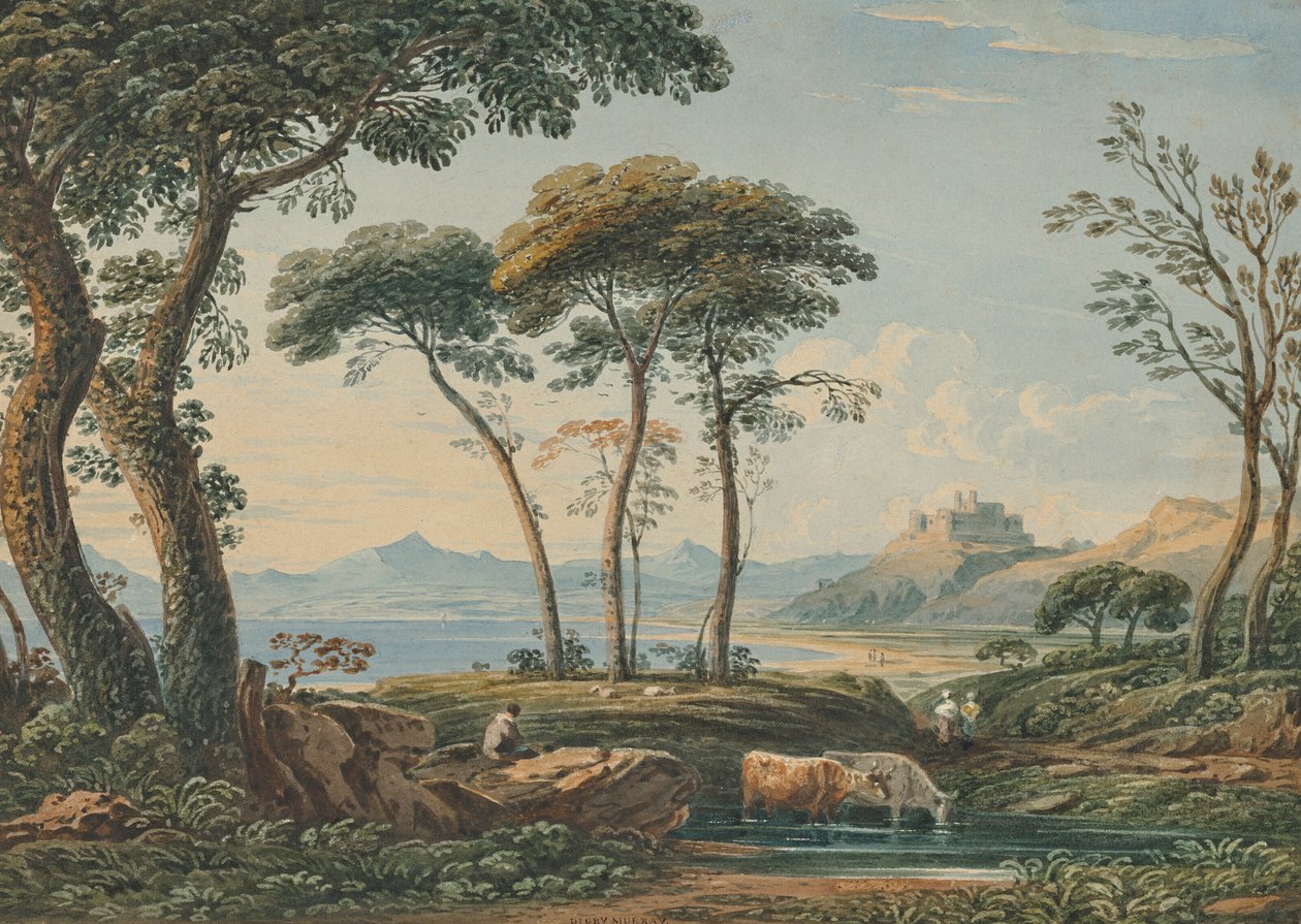 Távoli kilátás a Harlech kastélyra és a Snowdonra, Észak-Wales, Észak-Wales alkotó: John Varley