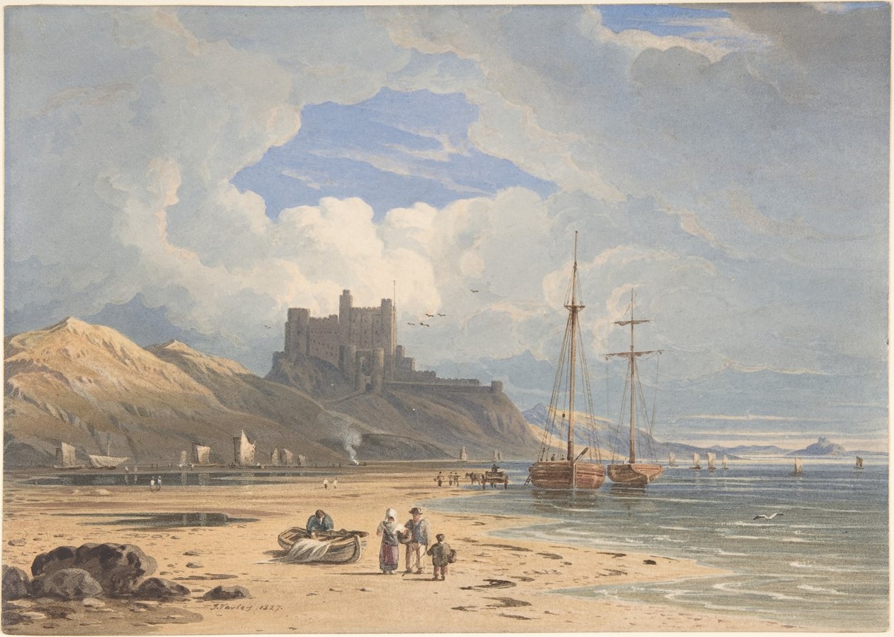 Bamborough vára északkelet felől, a távolban Holy Islanddel, Northumberland alkotó: John Varley