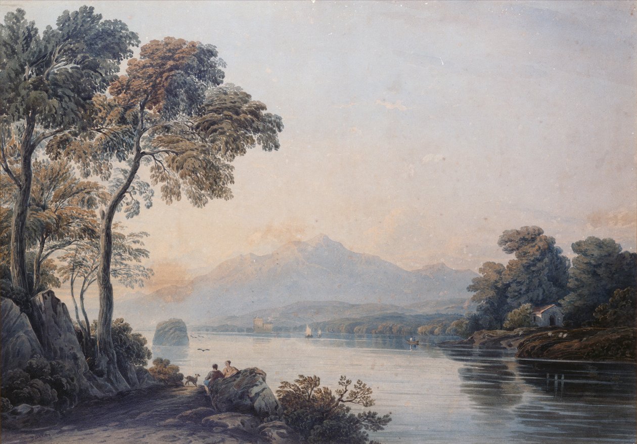 Figurák kutyával a Killarney-tó partján (akvarell) alkotó: John Varley