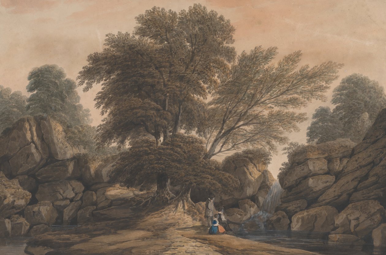 Alakok vízesés és medence mellett erdős tájon, 1812. alkotó: John Varley I