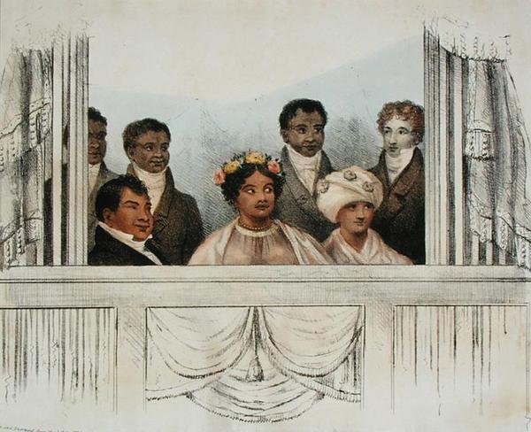 Őfelségeik, Rheo Rhio király, Tamehamalu királynő, Madame Poki a Sandwich-szigetekről és lakosztályuk, amikor megjelentek a Theatre Royal-ban, Drury Lane, 1824. június 4. alkotó: John W. Gear