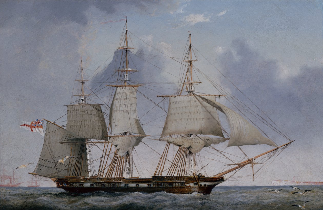 Ötödik osztályú, 36 ágyús fregatt Hove-To jobboldalon (olaj a panelen) alkotó: John Ward of Hull