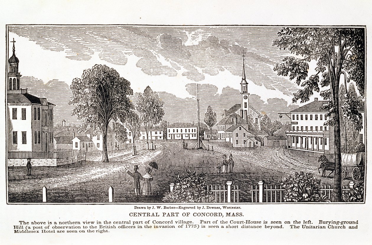 Concord központi része, a „Massachusetts Történelmi Gyűjteményéből”, John Warner Barber, metszett J. Downes, 1839 alkotó: John Warner Barber