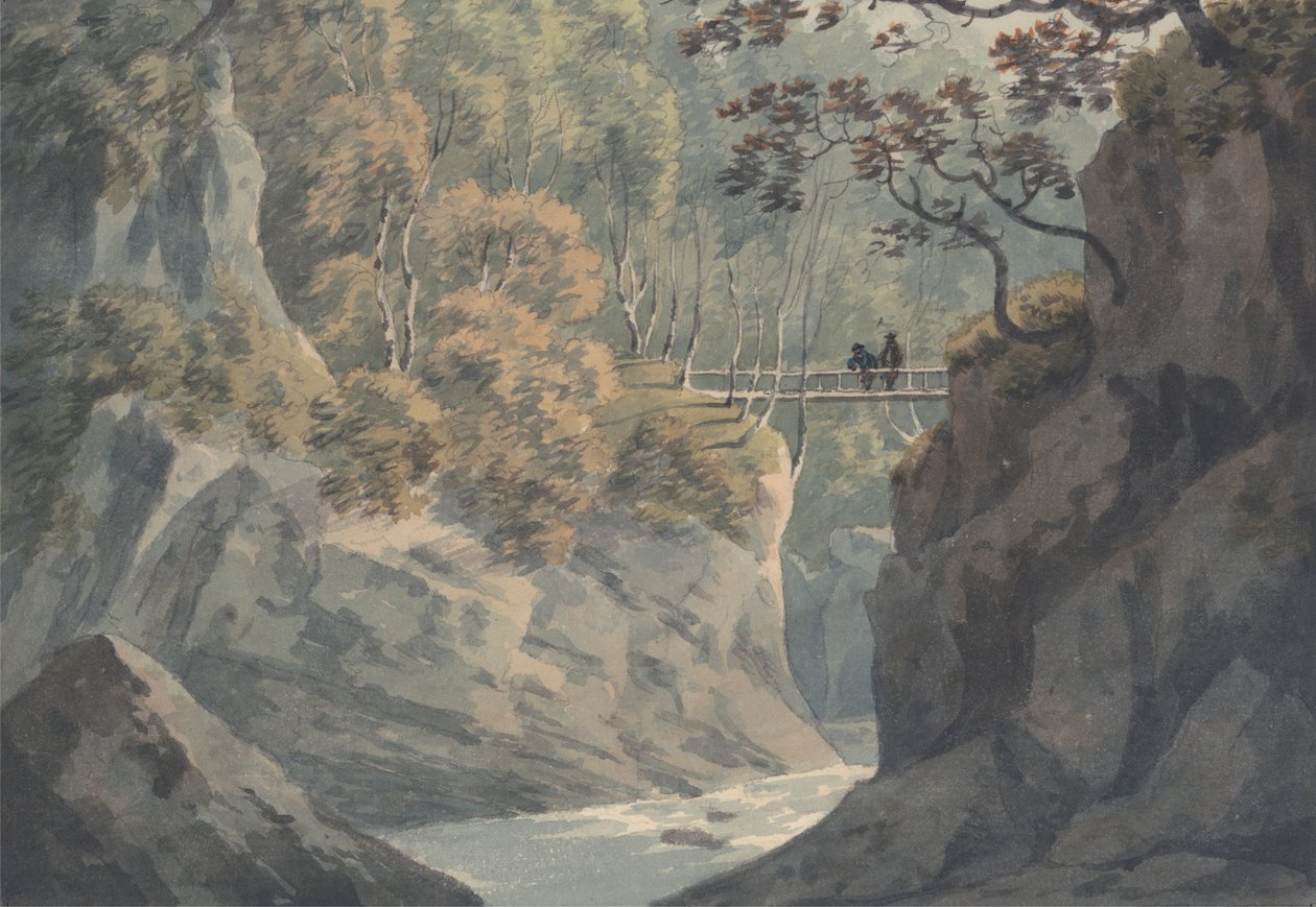 Alpesi híd és erdős táj Pistil y Maw közelében alkotó: John Warwick Smith