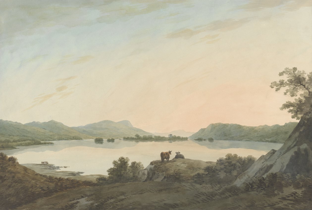 Windemere-tó Calgarthból Belle Isle-lel (akvarell grafit felett, papíron) alkotó: John Warwick Smith