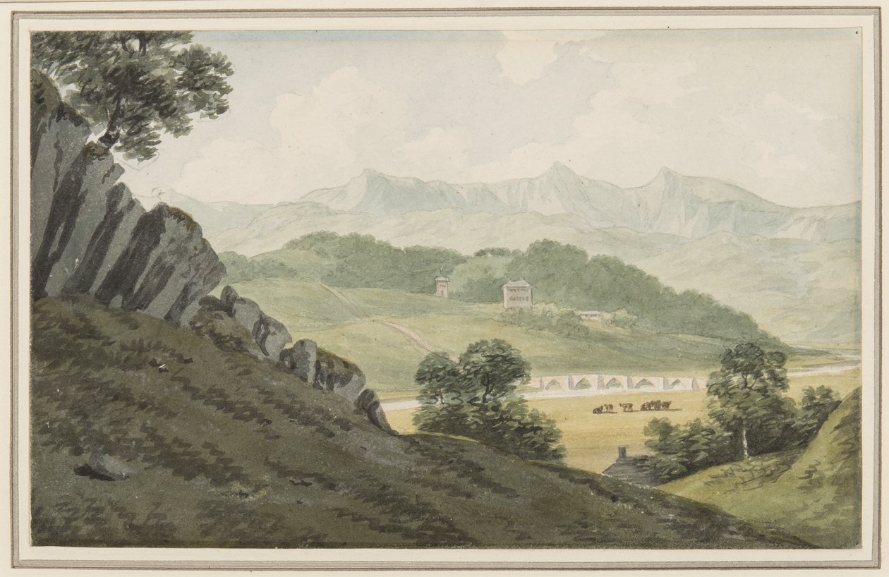 Llanelltyd híd a Maw felett, a Barmouth és Dolgellau közötti úton, Hengwrt felé és azon túl Cader Idris felé, Merionethshire, 1790. július 16. (papíron wc) alkotó: John Warwick Smith