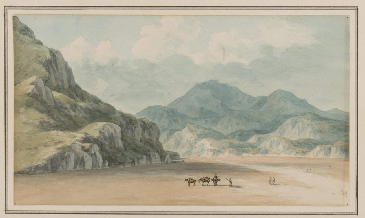 Kilátás a Fraeth Mawr Sandsra, Snowdon felé, a Penmorsa és Cynant közötti átkelésre, Merionethshire, 1795. július 21. (wc papíron) alkotó: John Warwick Smith