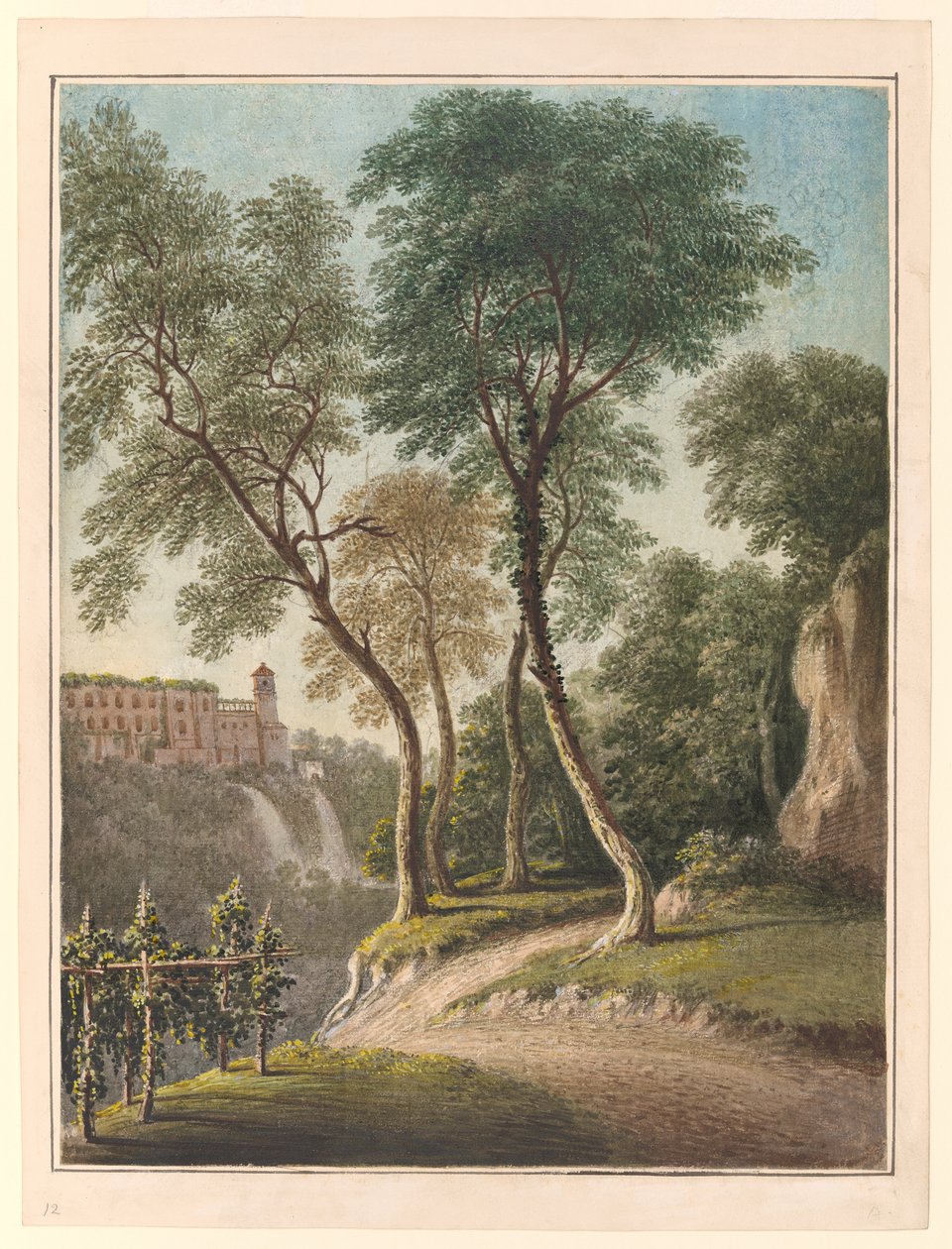 Villa Of The Maecena And The Cascatelli, Tivoli, 1781 körül (akvarell, gouache és ceruza) alkotó: John Warwick Smith