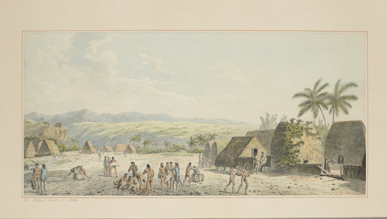 19: Egy szárazföldi kilátás az Atooiról, Cook kapitány utolsó, 1773-84 körüli utazását illusztráló akvarellsorozatból alkotó: John Webber