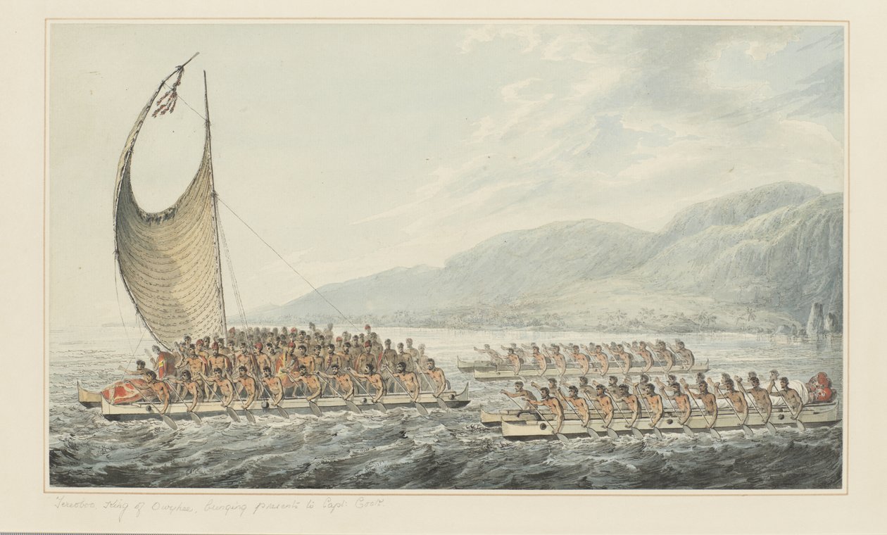 35: Tereoboo, Owyhee királya, ajándékokat hoz Cook kapitánynak Cook kapitány utolsó, 1773-84 körüli utazását illusztráló akvarellekből (akvarell papíron) alkotó: John Webber