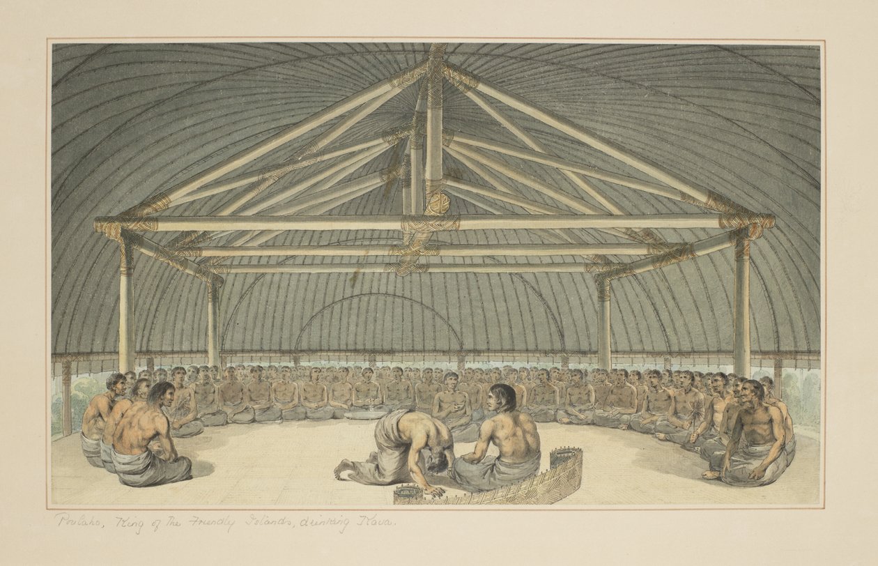 7: Poulaho, a Barátságos Szigetek Királya, Kavát iszik Cook kapitány utolsó, 1773-84 körüli utazását illusztráló akvarellekből. alkotó: John Webber