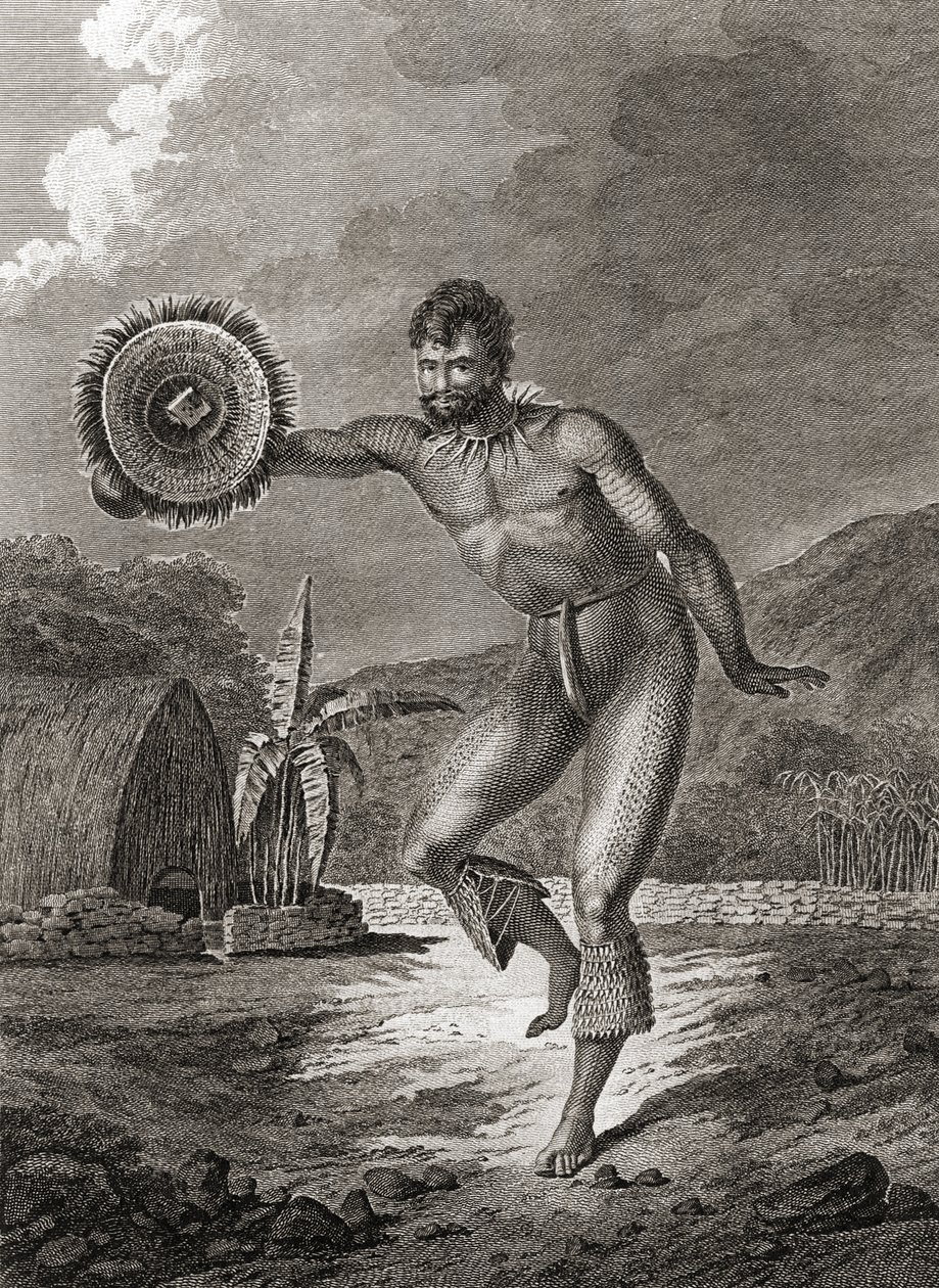 Tetovált táncosnő hagyományos viseletben, Hawaii, 1778 alkotó: John Webber
