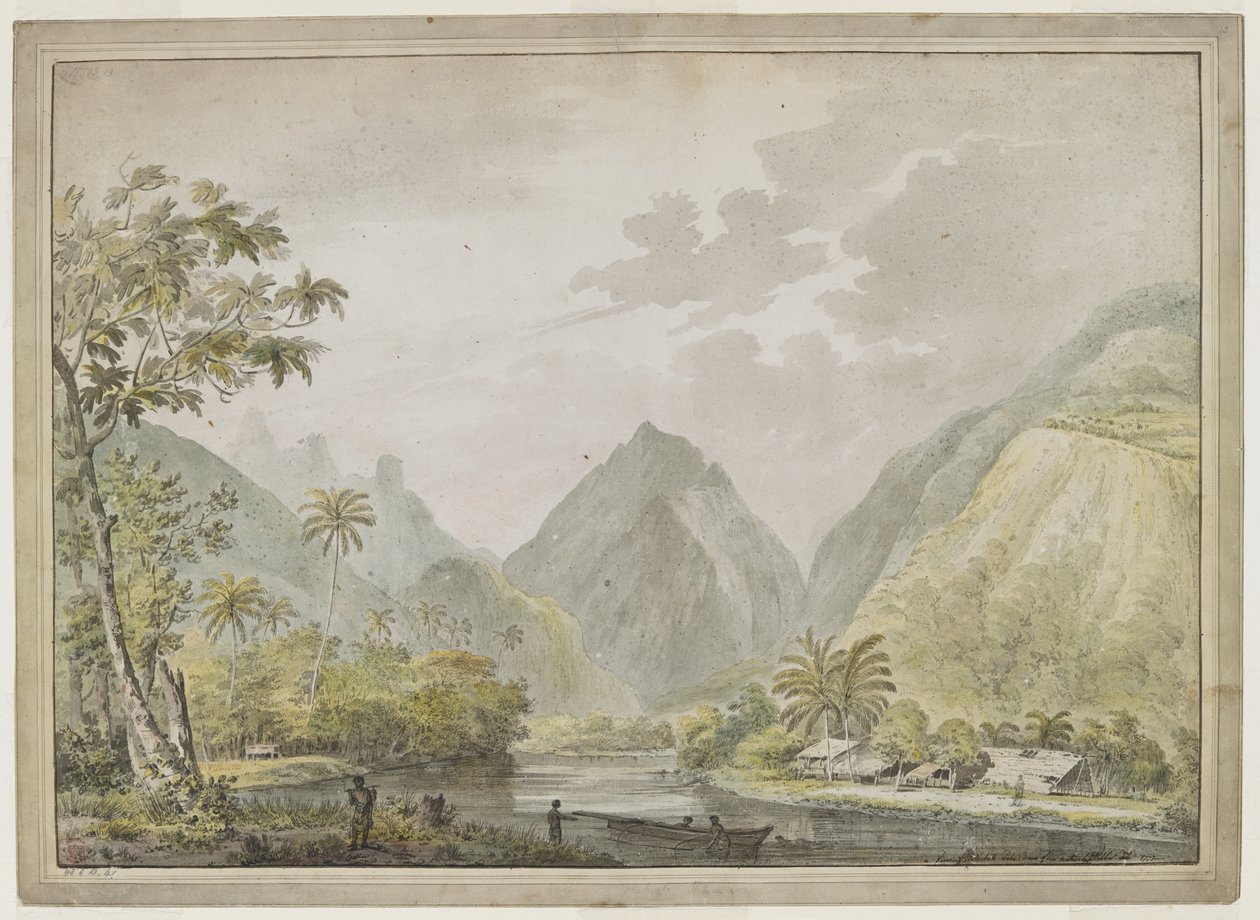 Kilátás a Vaitepiha folyóra nézve, két tahitival egy kenuban az előtérben, és két másikkal a parton. Tahiti házak jobbra. 1777 augusztus alkotó: John Webber