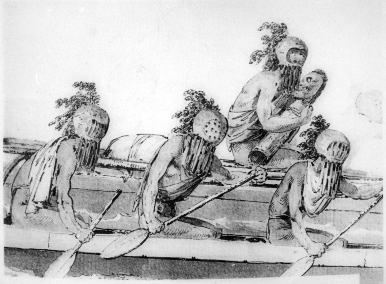 Dupla kenu evezősökkel, Hawaii, 18. század alkotó: John Webber