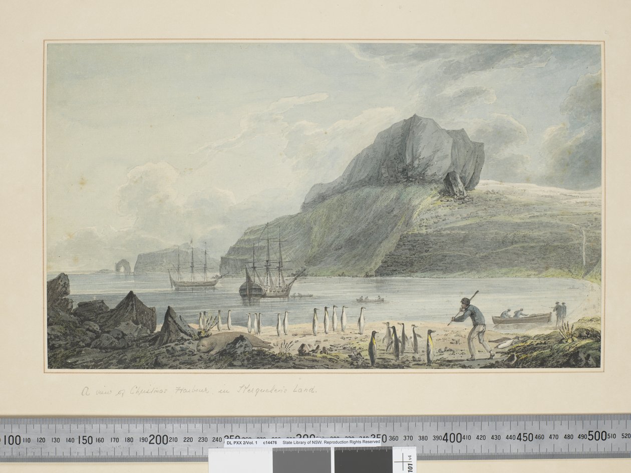 F.1 Kerguelen földjének karácsonyi kikötőjének képe, 1773-84 körül (akvarell és gravírozás) alkotó: John Webber