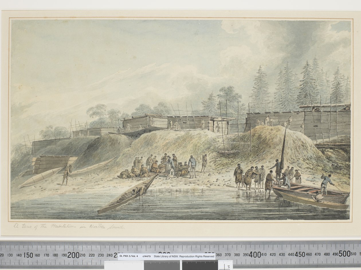 F.23 A Nootka Sound lakóhelyeinek képe, 1773-84 körül (akvarell) alkotó: John Webber