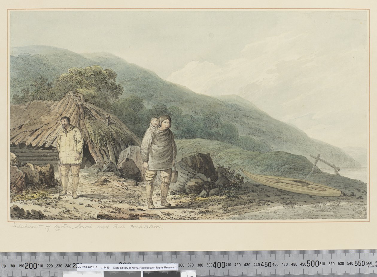 F.33 Norton Sound lakói és lakóhelyeik, 1773-84 körül (akvarell) alkotó: John Webber