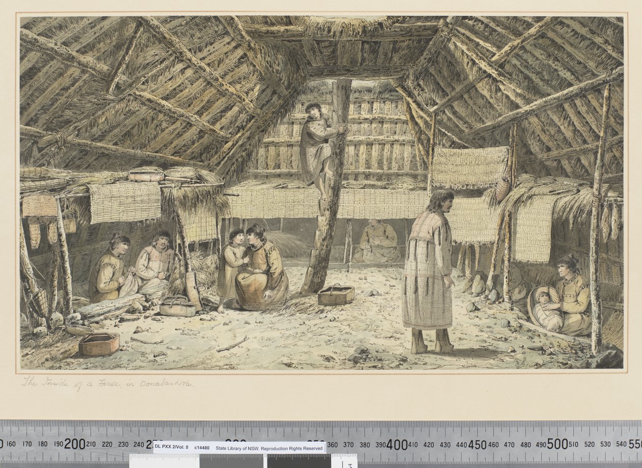 F.34 Egy ház belseje Oonalashkában, 1773-84 körül (akvarell) alkotó: John Webber
