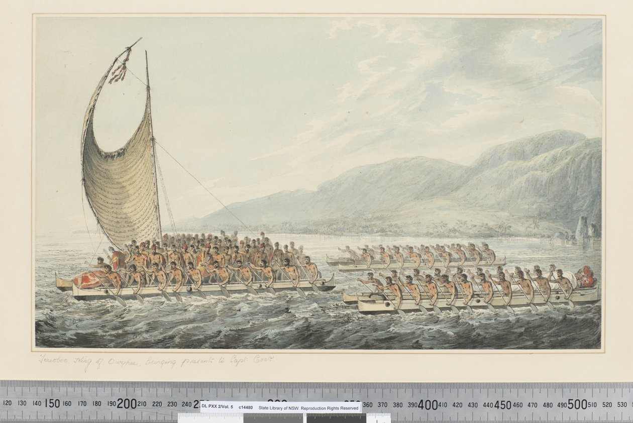 F.35 Tereoboo, Owyhee királya, ajándékokat visz Cook századosnak, 1773-84 körül (akvarell) alkotó: John Webber