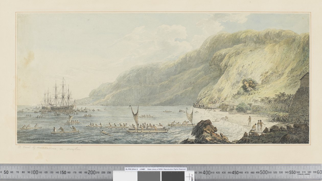 F.39 Karakakooa kilátása, Owyhee, 1783-84 körül (akvarell) alkotó: John Webber