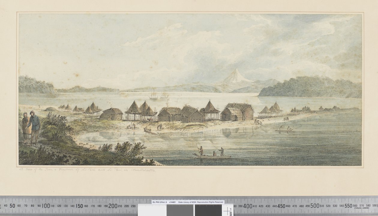 F.41 Kilátás a kamcsatkai Szent Péter és Szent Pál városára és kikötőjére, 1783-84 körül (akvarell) alkotó: John Webber