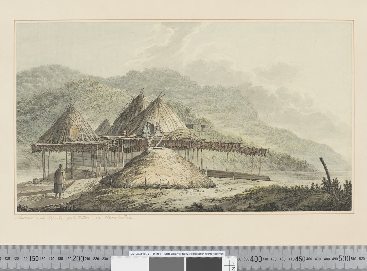 F.42 Nyári és téli lakóhelyek Kamcsatkán, 1783-84 körül (akvarell) alkotó: John Webber