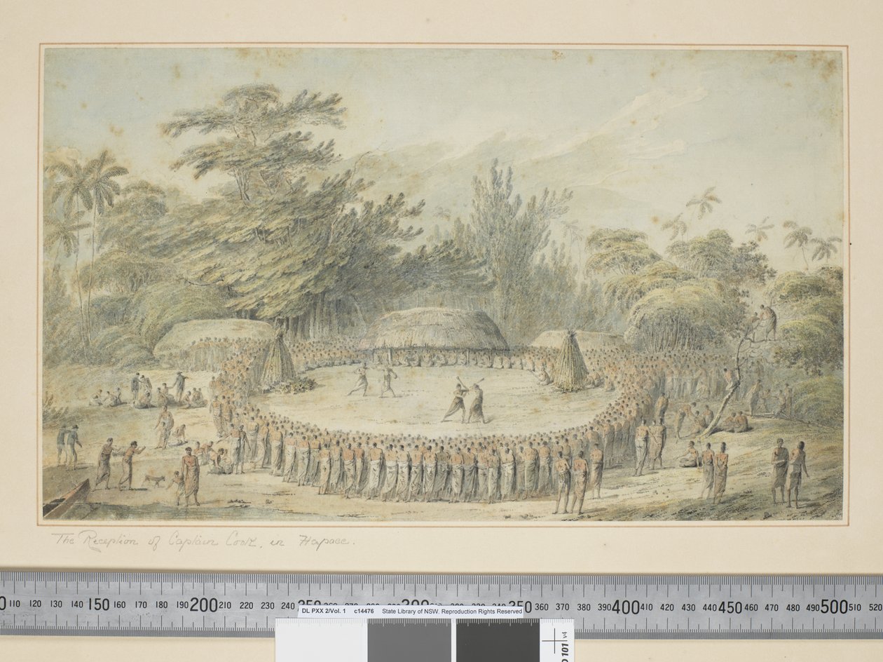 F.4 Cook kapitány fogadása Hapaee-ban, 1773-84 körül (akvarell és gravírozás) alkotó: John Webber