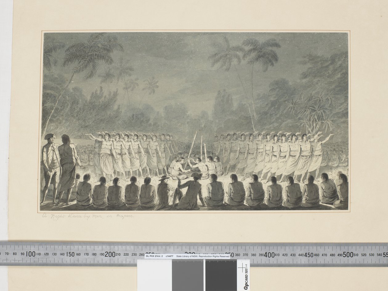 F.5 Férfiak éjszakai tánca, Hapaee, 1773-84 körül (akvarell) alkotó: John Webber