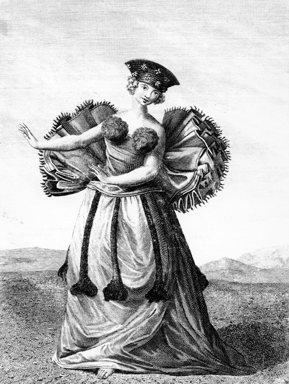 Otaheite táncoló fiatal nő szokása, 1785 körül (metszet) alkotó: John Webber