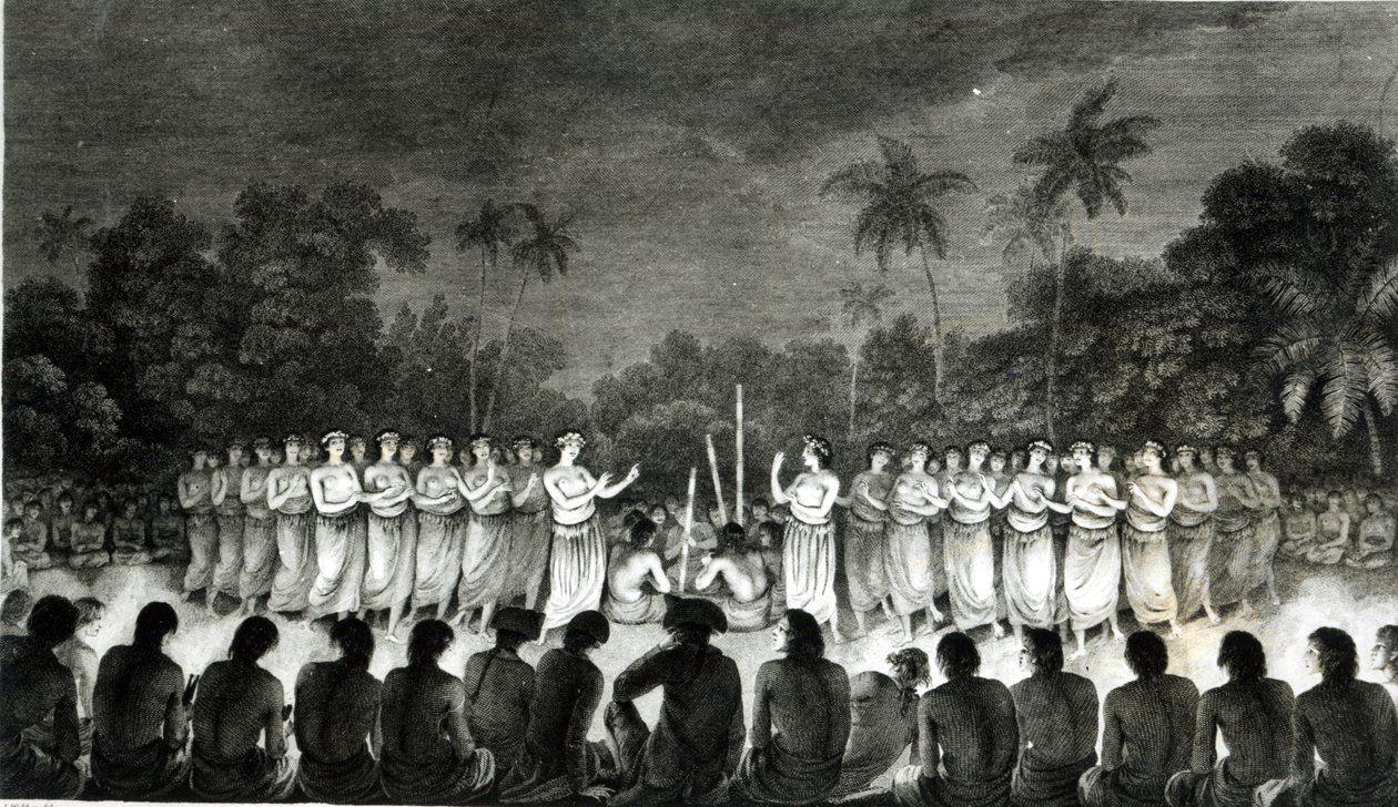 A Barátságos Szigetek bennszülött lakói táncolnak Hapee-ben, James Cook kapitány (1728-79) harmadik utazási atlaszából, 1777 alkotó: John Webber